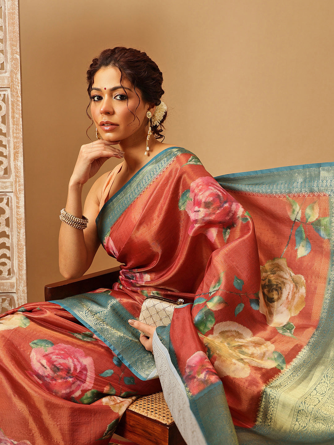 Hiral Fashion Peach Banarasi Tissue Silk Floral Digital Printed Saree | Grocsy