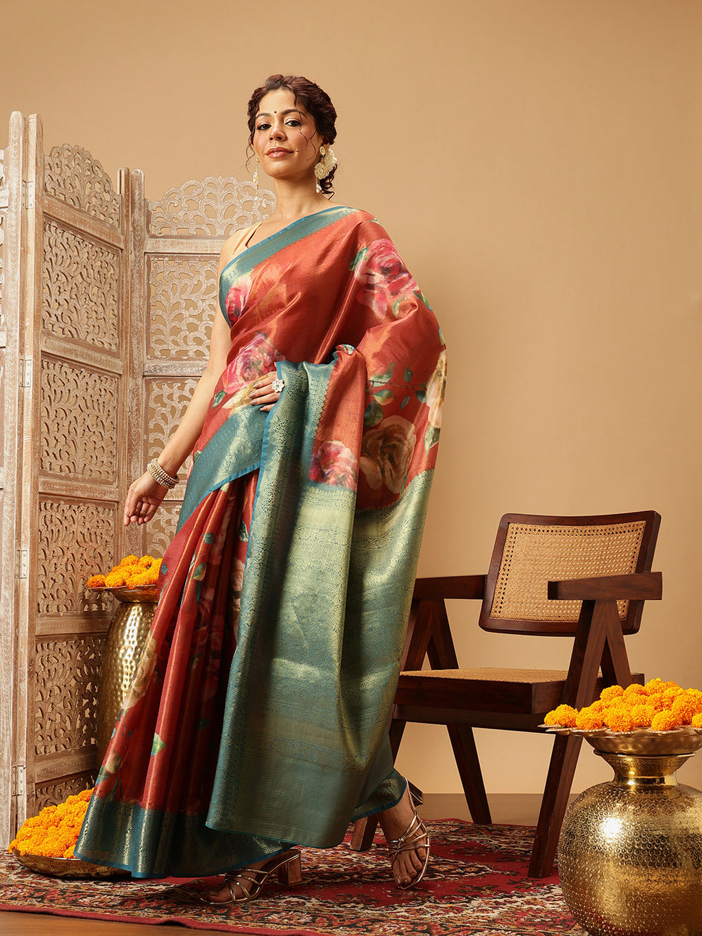 Hiral Fashion Peach Banarasi Tissue Silk Floral Digital Printed Saree | Grocsy