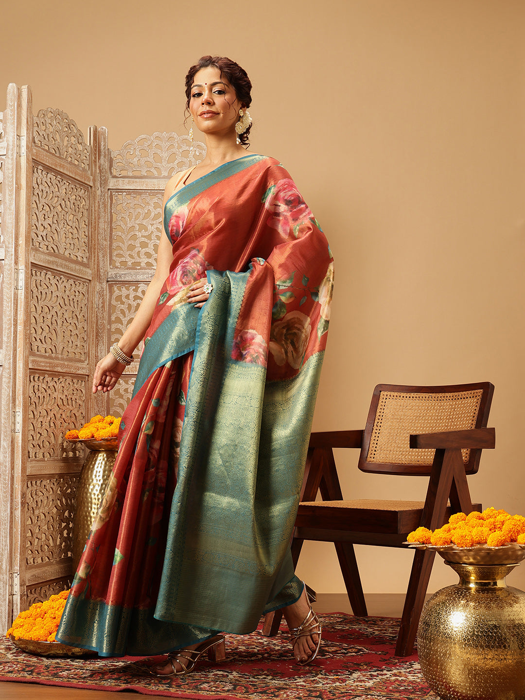 Hiral Fashion Peach Banarasi Tissue Silk Floral Digital Printed Saree | Grocsy