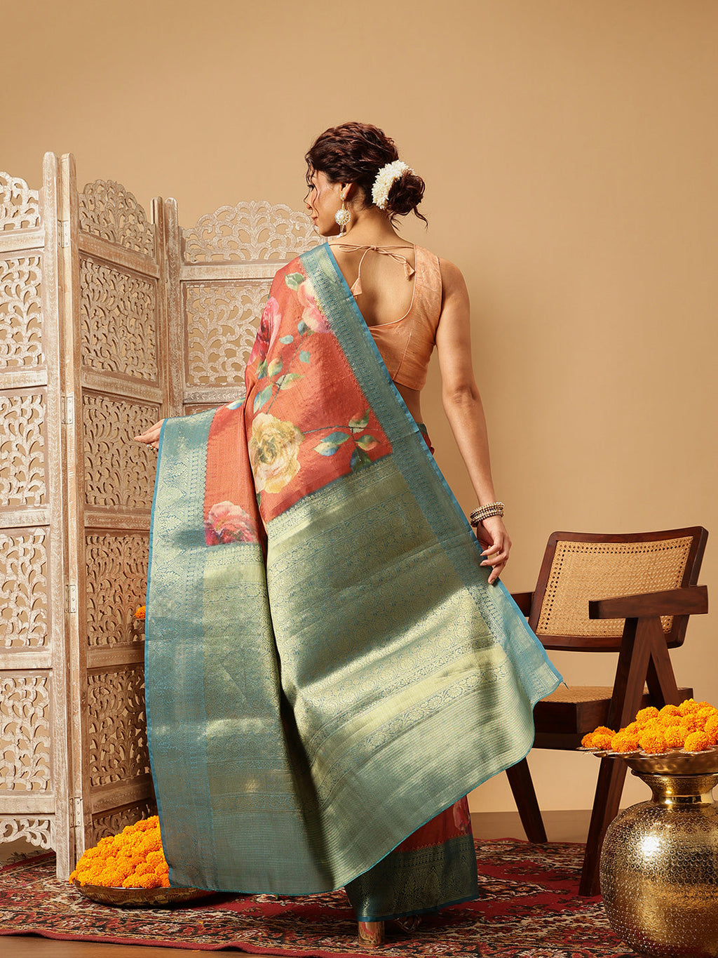 Hiral Fashion Peach Banarasi Tissue Silk Floral Digital Printed Saree | Grocsy