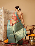 Hiral Fashion Peach Banarasi Tissue Silk Floral Digital Printed Saree | Grocsy