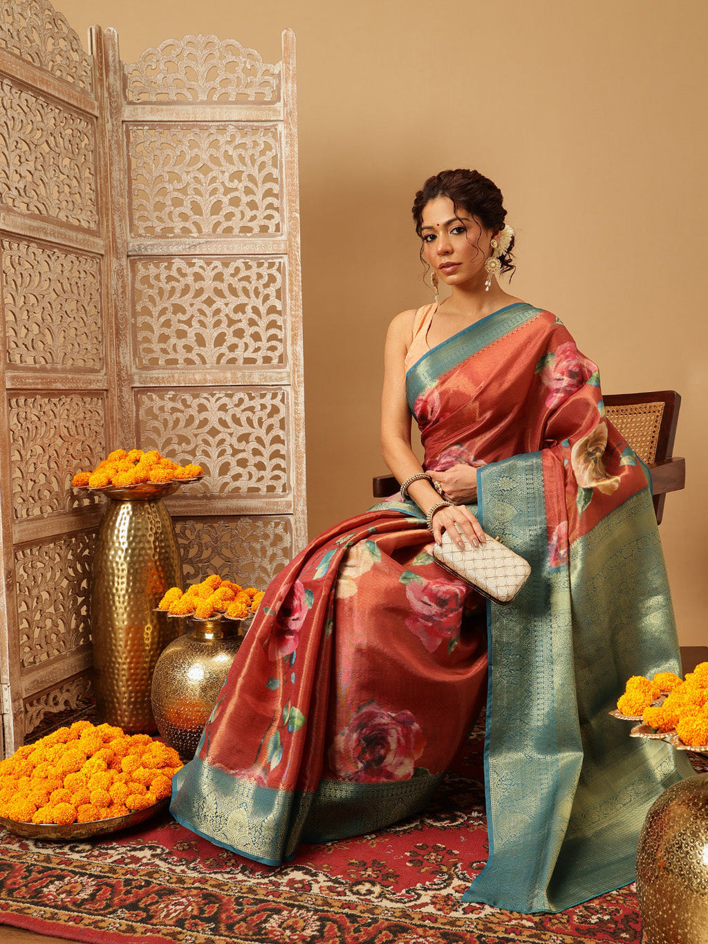 Hiral Fashion Peach Banarasi Tissue Silk Floral Digital Printed Saree | Grocsy