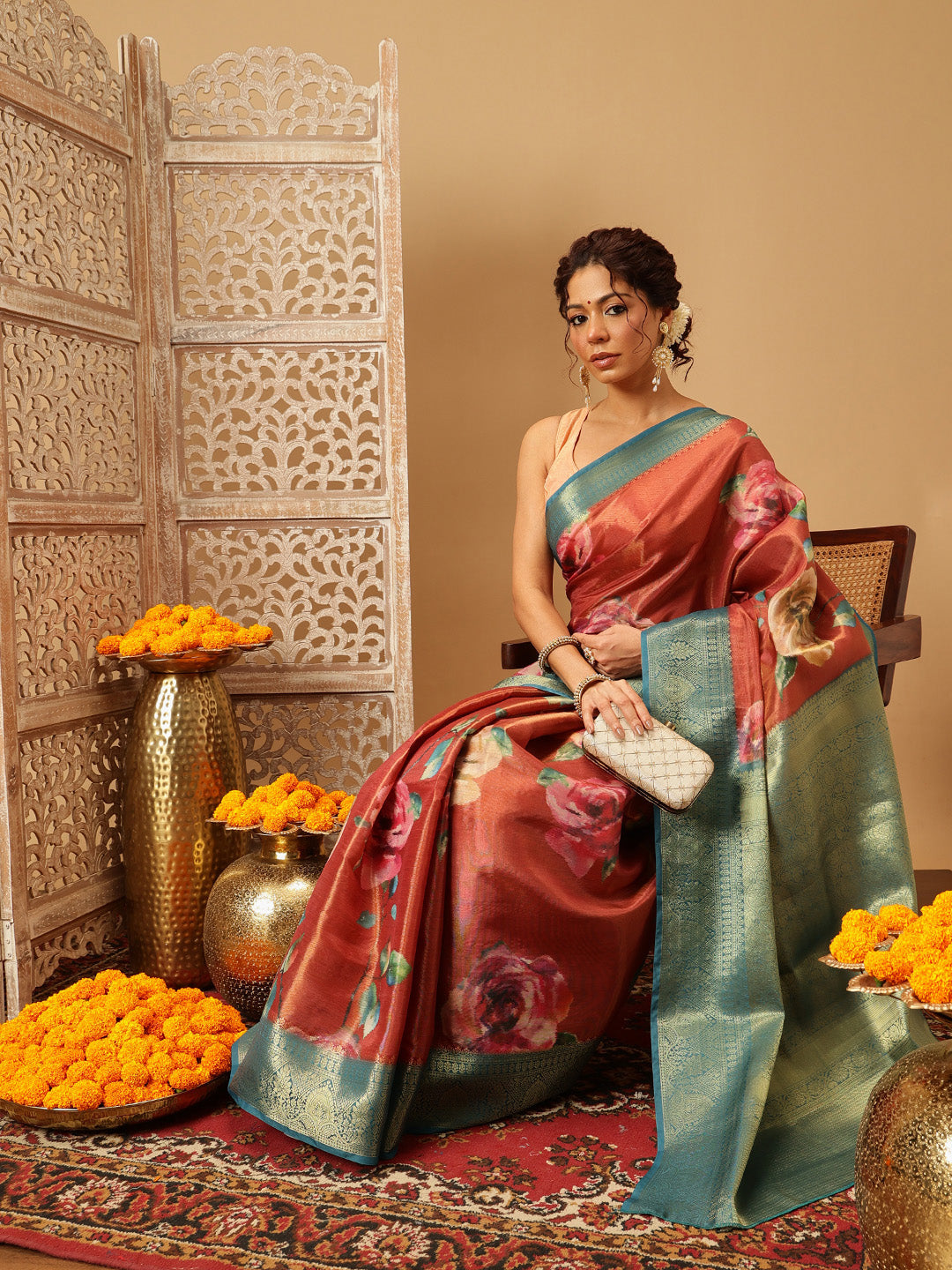 Hiral Fashion Peach Banarasi Tissue Silk Floral Digital Printed Saree | Grocsy
