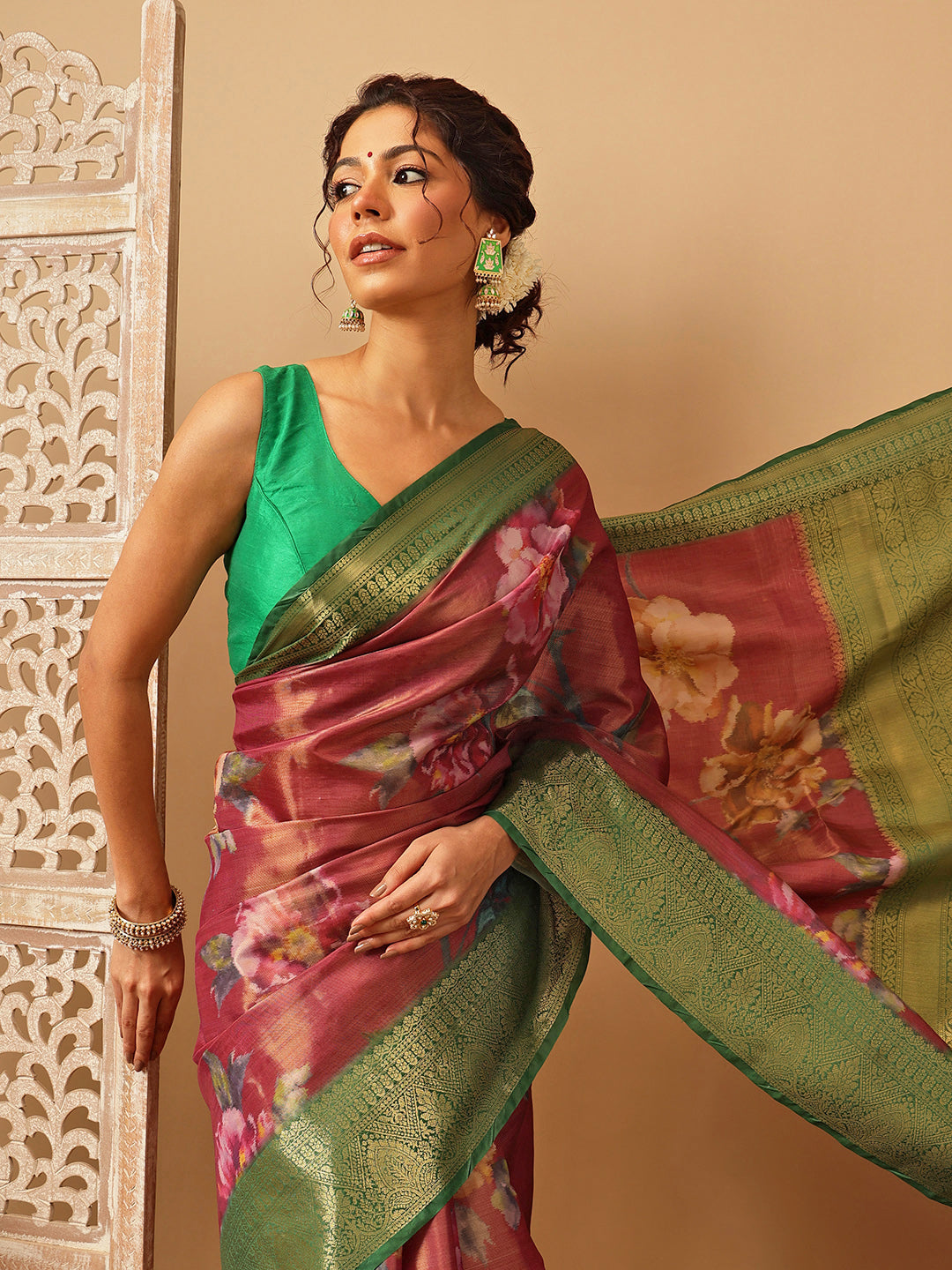 Hiral Fashion Pink Banarasi Tissue Silk Floral Digital Printed Saree | Grocsy