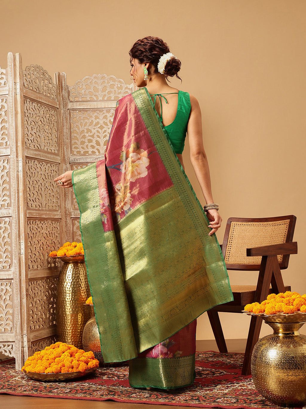 Hiral Fashion Pink Banarasi Tissue Silk Floral Digital Printed Saree | Grocsy