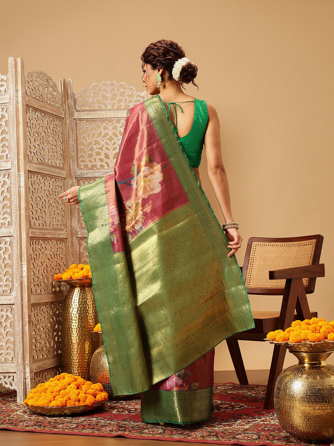 Hiral Fashion Pink Banarasi Tissue Silk Floral Digital Printed Saree | Grocsy