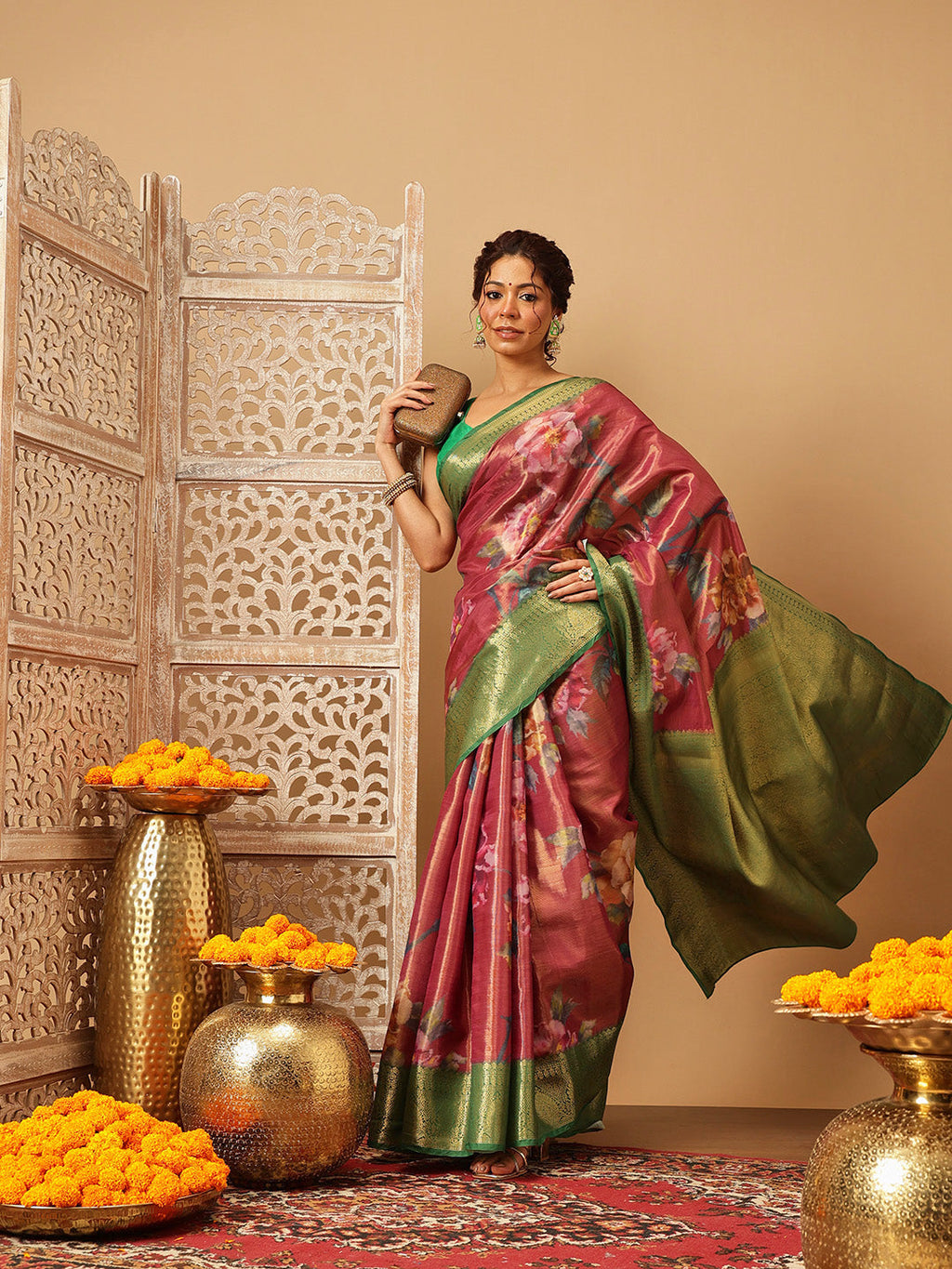 Hiral Fashion Pink Banarasi Tissue Silk Floral Digital Printed Saree | Grocsy
