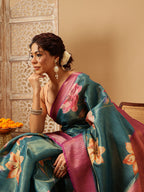 Hiral Fashion Teal Banarasi Tissue Silk Floral Digital Printed Saree | Grocsy