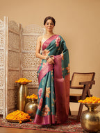 Hiral Fashion Teal Banarasi Tissue Silk Floral Digital Printed Saree | Grocsy