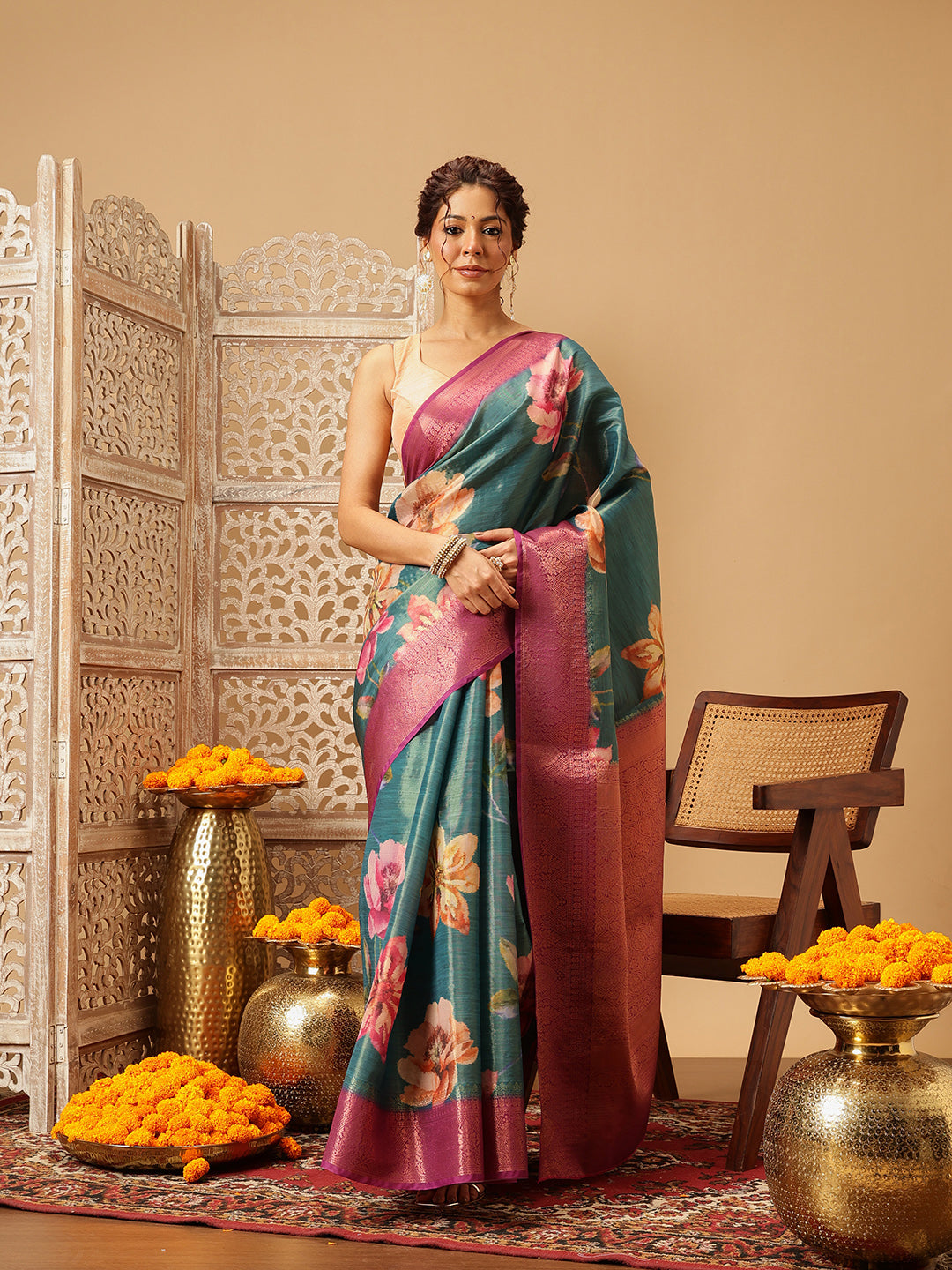 Hiral Fashion Teal Banarasi Tissue Silk Floral Digital Printed Saree | Grocsy