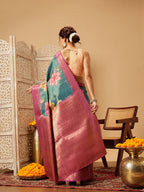 Hiral Fashion Teal Banarasi Tissue Silk Floral Digital Printed Saree | Grocsy