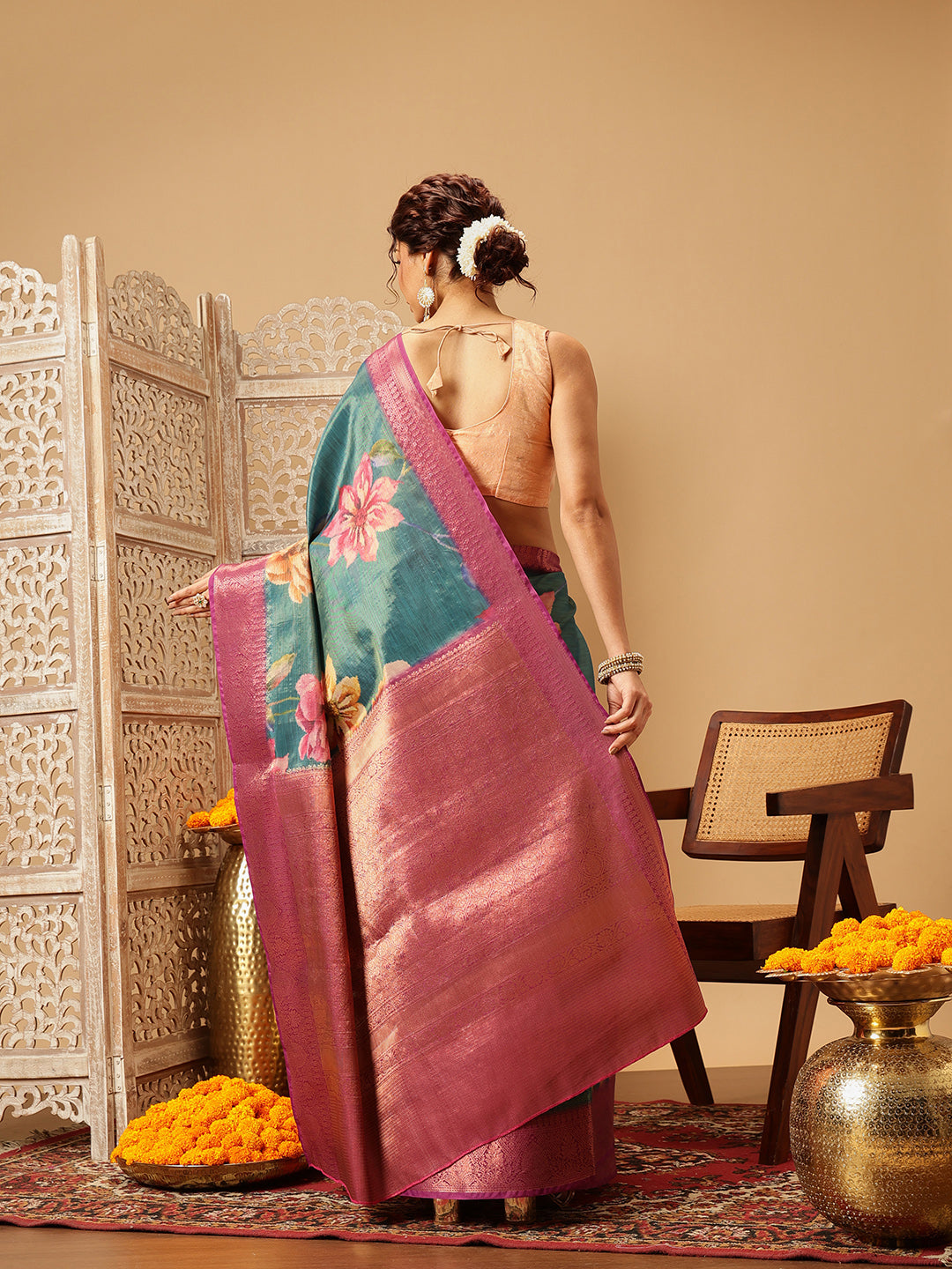 Hiral Fashion Teal Banarasi Tissue Silk Floral Digital Printed Saree | Grocsy