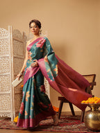 Hiral Fashion Teal Banarasi Tissue Silk Floral Digital Printed Saree | Grocsy
