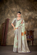 Green Art Silk Printed Floral Saree with Unstitched Blouse - Hiral Fashion | Grocsy