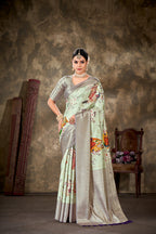 Green Art Silk Printed Floral Saree with Unstitched Blouse - Hiral Fashion | Grocsy