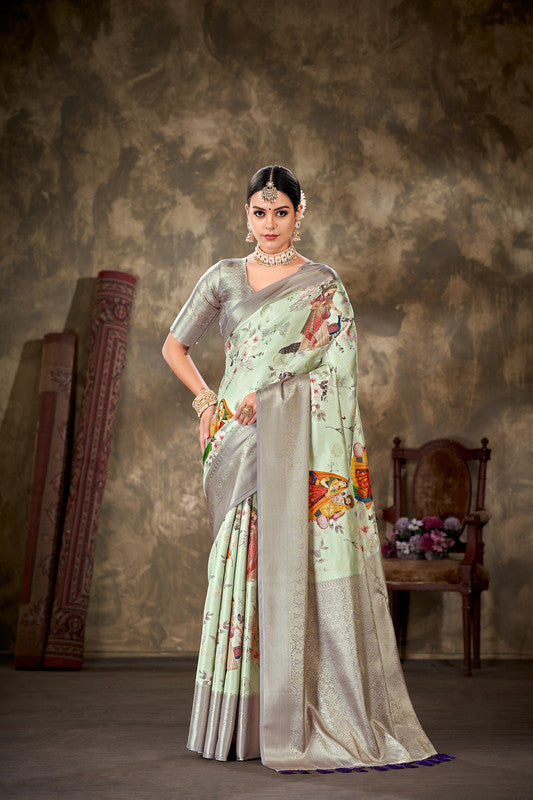 Green Art Silk Printed Floral Saree with Unstitched Blouse - Hiral Fashion | Grocsy