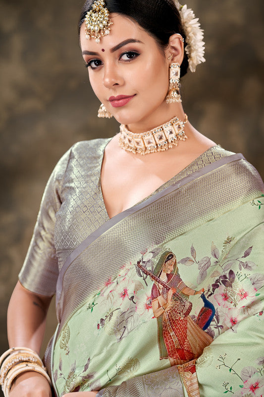 Green Art Silk Printed Floral Saree with Unstitched Blouse - Hiral Fashion | Grocsy