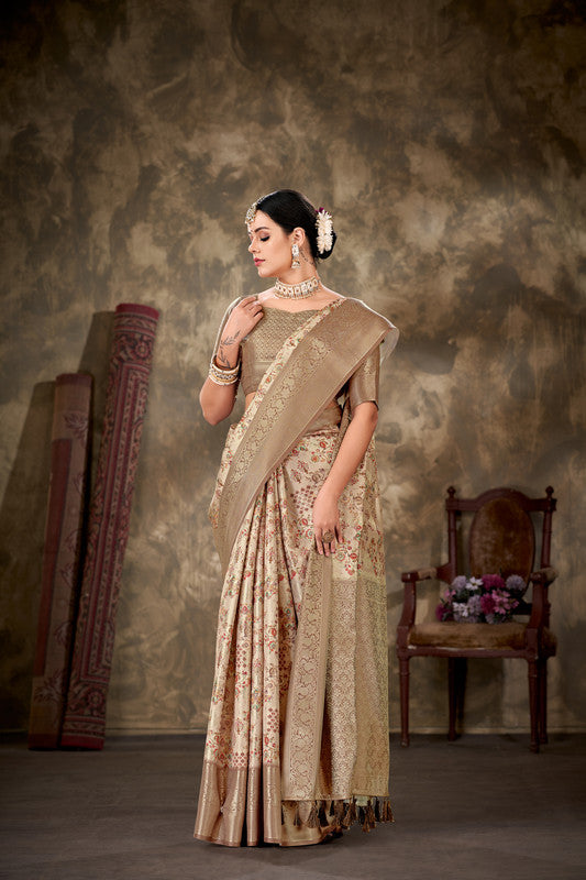 Beige Art Silk Printed Floral Saree with Unstitched Blouse - Hiral Fashion | Grocsy