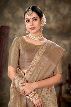 Beige Art Silk Printed Floral Saree with Unstitched Blouse - Hiral Fashion | Grocsy