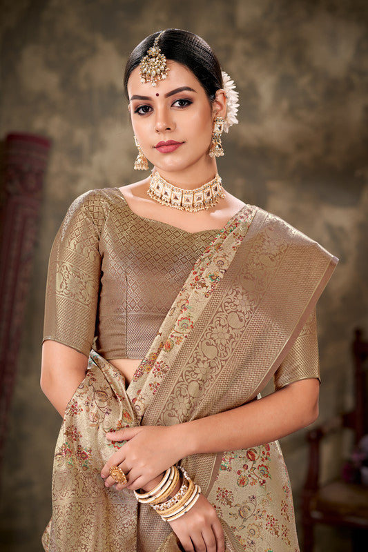 Beige Art Silk Printed Floral Saree with Unstitched Blouse - Hiral Fashion | Grocsy