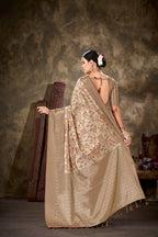 Beige Art Silk Printed Floral Saree with Unstitched Blouse - Hiral Fashion | Grocsy