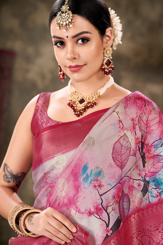 Pink Art Silk Printed Floral Saree with Unstitched Blouse - Hiral Fashion | Grocsy
