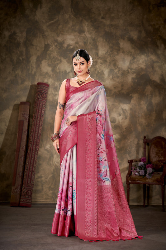 Pink Art Silk Printed Floral Saree with Unstitched Blouse - Hiral Fashion | Grocsy