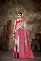 Pink Art Silk Printed Floral Saree with Unstitched Blouse - Hiral Fashion | Grocsy