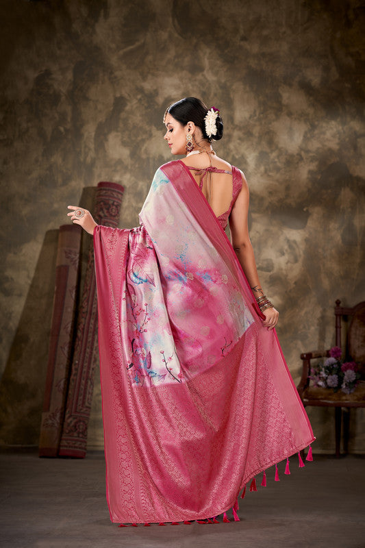 Pink Art Silk Printed Floral Saree with Unstitched Blouse - Hiral Fashion | Grocsy