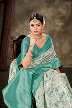 Turquoise Art Silk Printed Floral Saree with Unstitched Blouse - Hiral Fashion | Grocsy