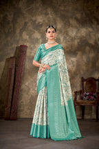 Turquoise Art Silk Printed Floral Saree with Unstitched Blouse - Hiral Fashion | Grocsy