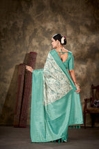 Turquoise Art Silk Printed Floral Saree with Unstitched Blouse - Hiral Fashion | Grocsy
