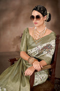 Olive Art Silk Printed Floral Saree with Unstitched Blouse - Hiral Fashion | Grocsy