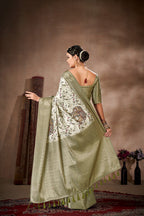 Olive Art Silk Printed Floral Saree with Unstitched Blouse - Hiral Fashion | Grocsy