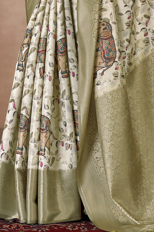 Olive Art Silk Printed Floral Saree with Unstitched Blouse - Hiral Fashion | Grocsy