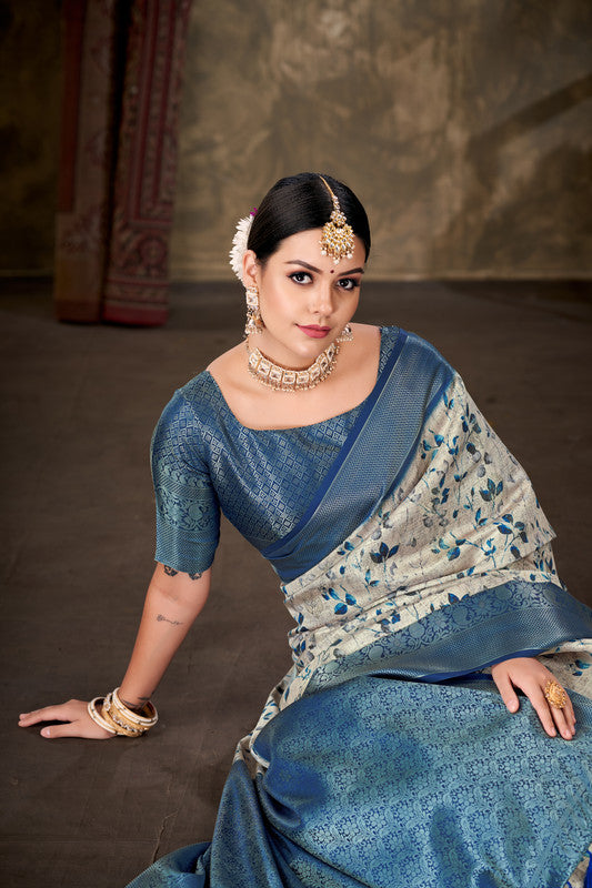 Blue Art Silk Printed Floral Saree with Unstitched Blouse - Hiral Fashion | Grocsy