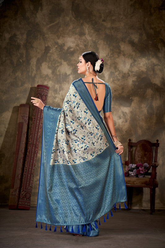 Blue Art Silk Printed Floral Saree with Unstitched Blouse - Hiral Fashion | Grocsy
