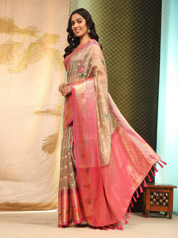 Beige Art Silk Digital Print Floral Saree with Unstitched Blouse - Hiral Fashion | Grocsy