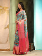 Blue Art Silk Digital Print Floral Saree with Unstitched Blouse - Hiral Fashion | Grocsy
