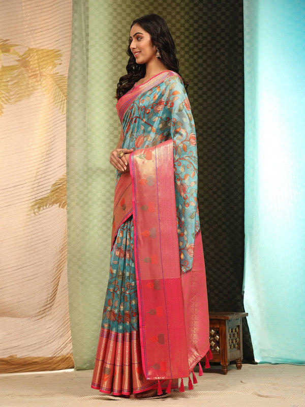 Blue Art Silk Digital Print Floral Saree with Unstitched Blouse - Hiral Fashion | Grocsy