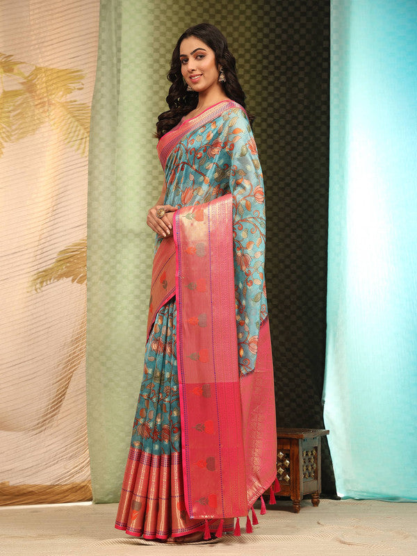 Blue Art Silk Digital Print Floral Saree with Unstitched Blouse - Hiral Fashion | Grocsy