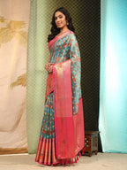 Blue Art Silk Digital Print Floral Saree with Unstitched Blouse - Hiral Fashion | Grocsy