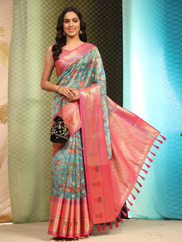 Blue Art Silk Digital Print Floral Saree with Unstitched Blouse - Hiral Fashion | Grocsy