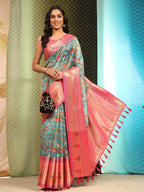 Blue Art Silk Digital Print Floral Saree with Unstitched Blouse - Hiral Fashion | Grocsy