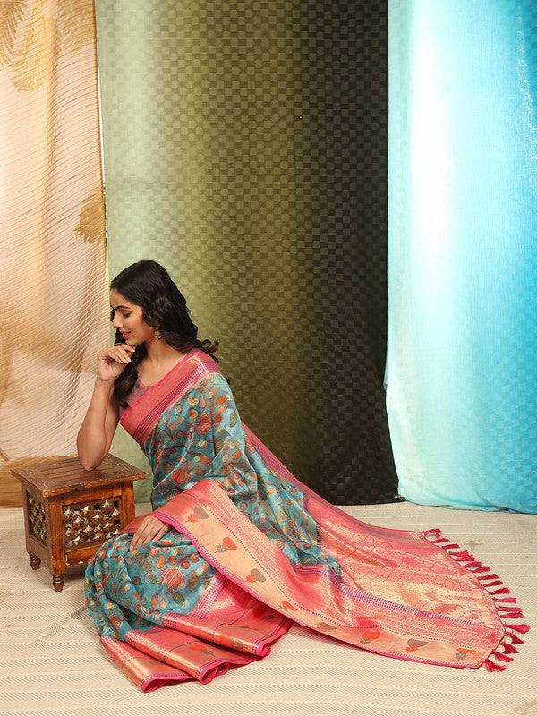 Blue Art Silk Digital Print Floral Saree with Unstitched Blouse - Hiral Fashion | Grocsy