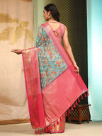 Blue Art Silk Digital Print Floral Saree with Unstitched Blouse - Hiral Fashion | Grocsy