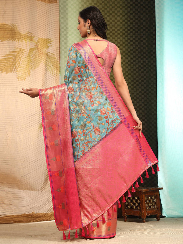 Blue Art Silk Digital Print Floral Saree with Unstitched Blouse - Hiral Fashion | Grocsy