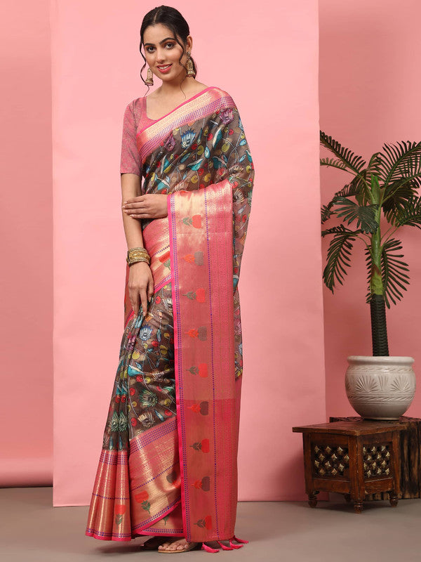Brown Art Silk Digital Print Floral Saree with Unstitched Blouse - Hiral Fashion | Grocsy