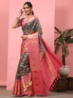 Brown Art Silk Digital Print Floral Saree with Unstitched Blouse - Hiral Fashion | Grocsy