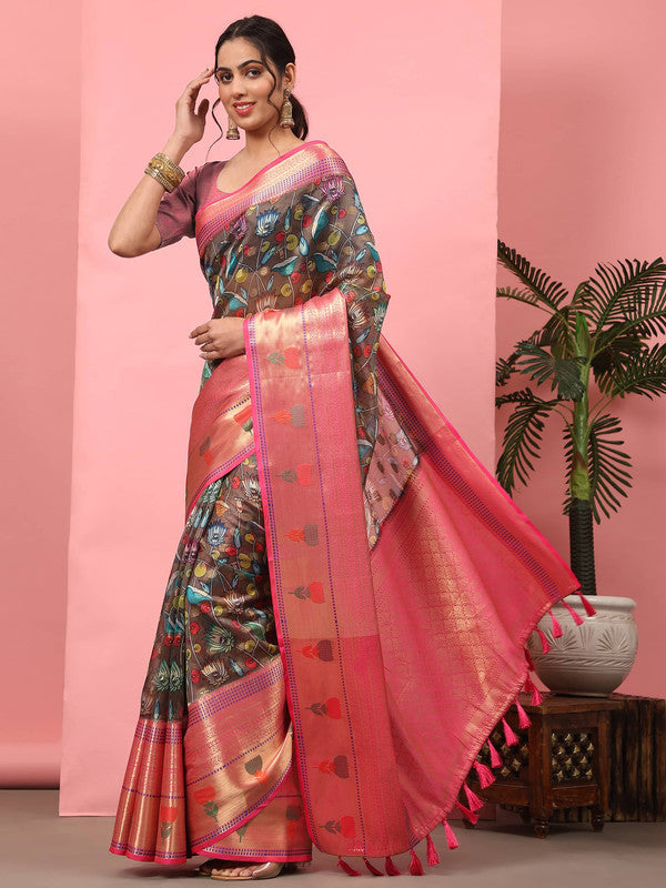 Brown Art Silk Digital Print Floral Saree with Unstitched Blouse - Hiral Fashion | Grocsy